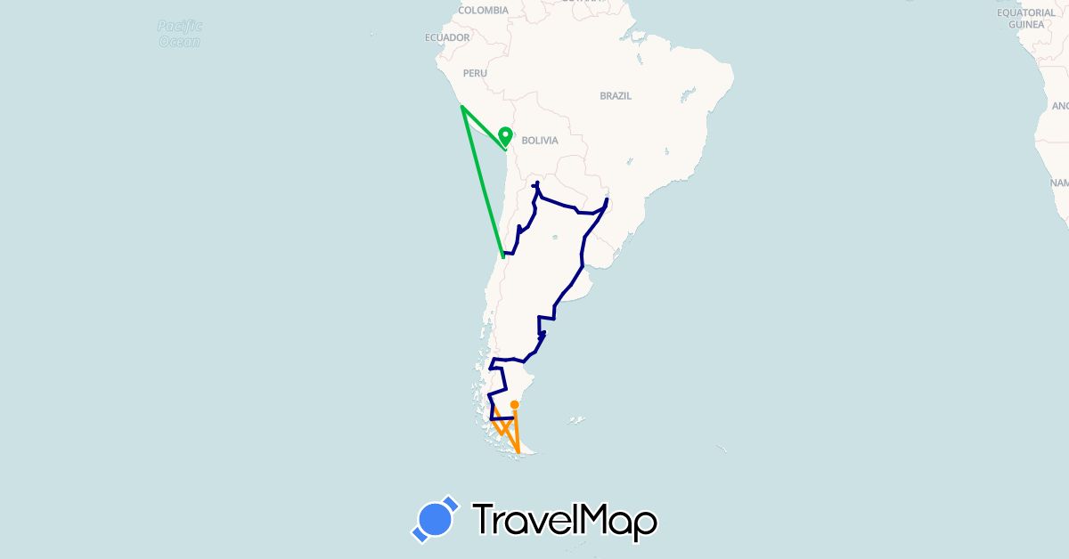 TravelMap itinerary: driving, bus, hitchhiking in Argentina, Chile, Peru (South America)